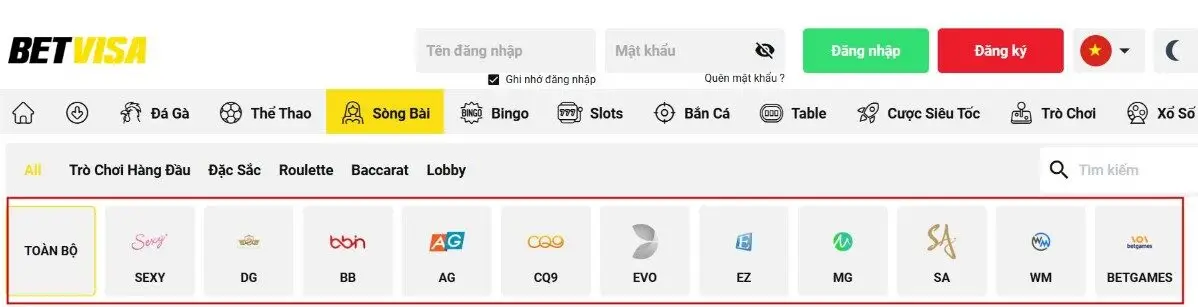 các sảnh cược tại live casino betvisa